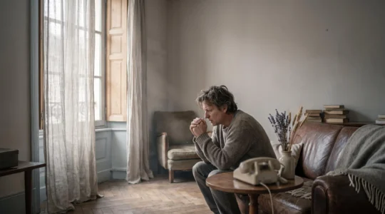 Personne assise en silence dans un salon français baigné de lumière douce juste après l'annonce d'un décès