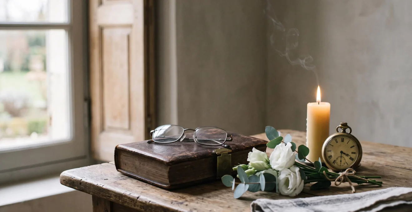 Mains posées délicatement sur un livret de famille fermé et un bouquet de fleurs blanches, symbolisant les premières démarches après un décès en France