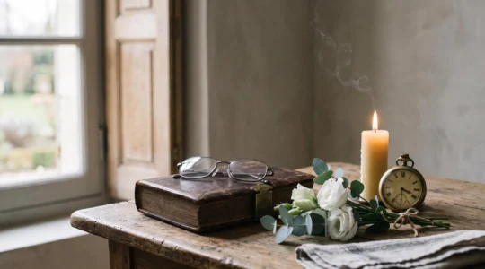 Mains posées délicatement sur un livret de famille fermé et un bouquet de fleurs blanches, symbolisant les premières démarches après un décès en France