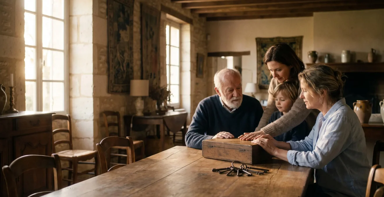 Une famille française de trois générations réunie autour d'une table en bois dans un salon lumineux, symbolisant la transmission sereine du patrimoine familial
