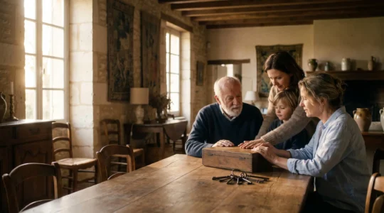 Une famille française de trois générations réunie autour d'une table en bois dans un salon lumineux, symbolisant la transmission sereine du patrimoine familial