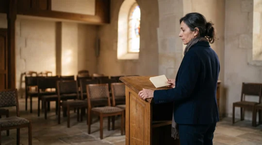 Une personne debout devant une petite assemblée recueillie, tenant des notes, s'apprêtant à rendre un dernier hommage lors d'une cérémonie funéraire en France
