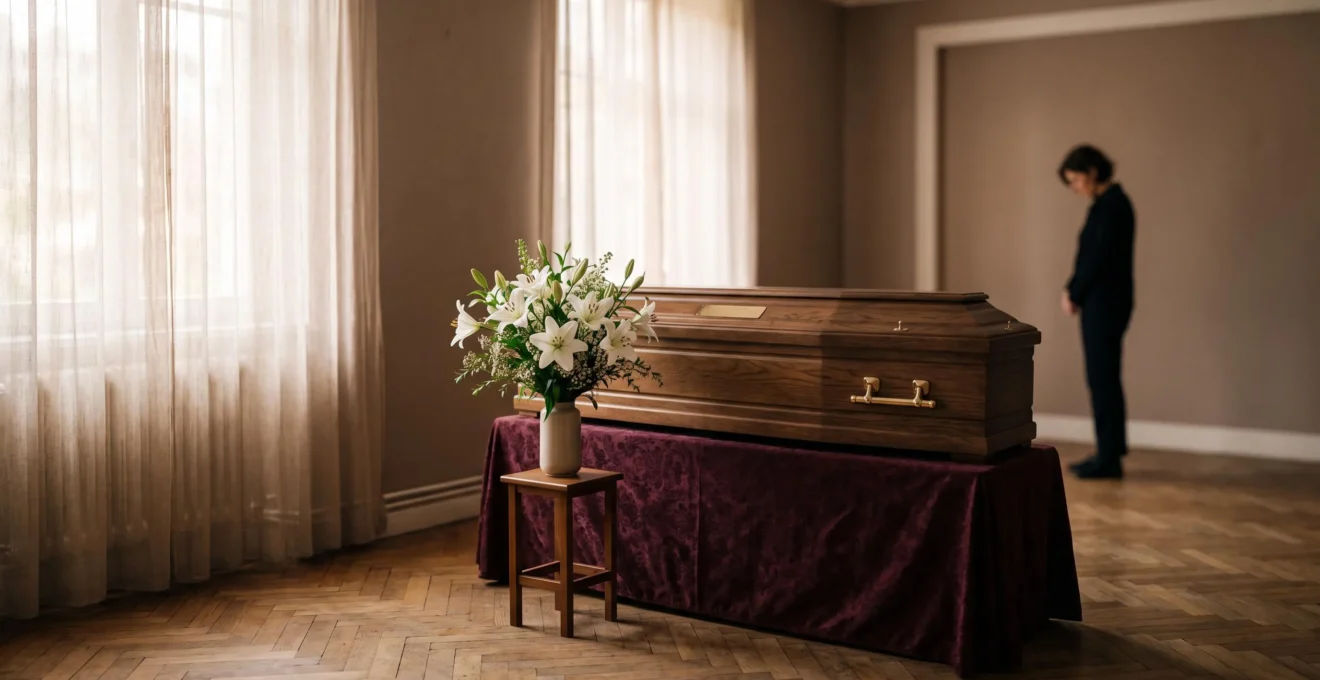 Chambre funéraire française sobre avec un cercueil en bois clair, lumière douce et atmosphère de recueillement avant la mise en bière