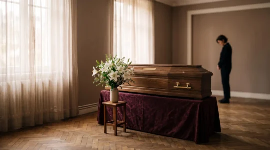 Chambre funéraire française sobre avec un cercueil en bois clair, lumière douce et atmosphère de recueillement avant la mise en bière