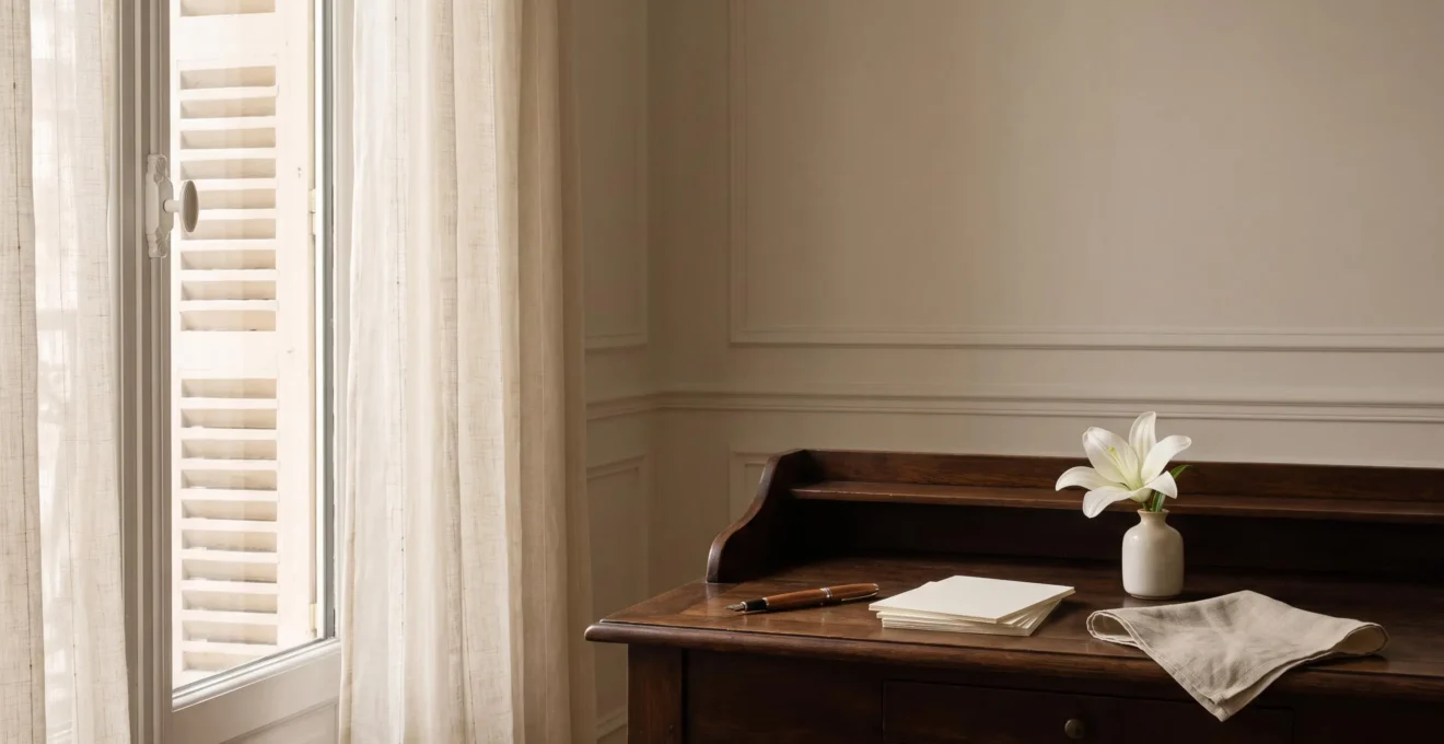Bureau epure avec stylo plume, papier a lettres et fleur blanche symbolisant la redaction d'un faire-part de deces