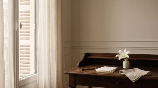 Bureau epure avec stylo plume, papier a lettres et fleur blanche symbolisant la redaction d'un faire-part de deces