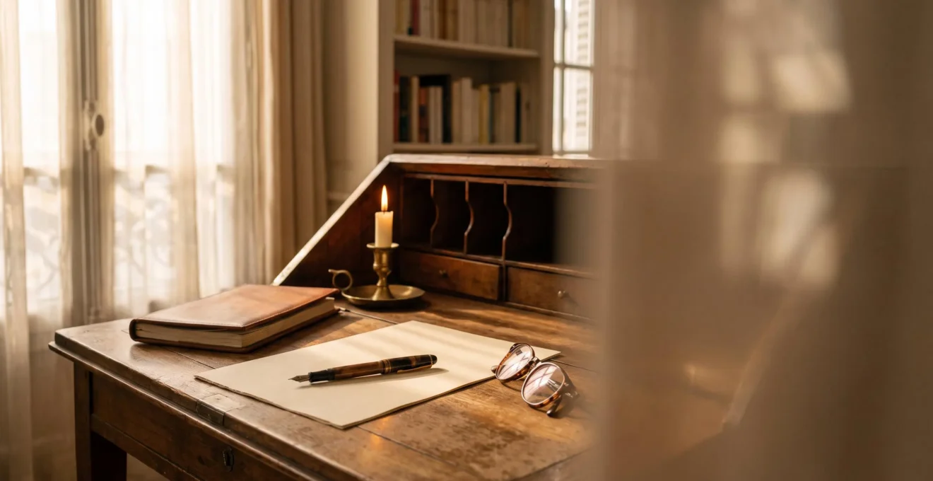 Bureau ancien à la française avec stylo plume posé sur du papier, ambiance feutrée évoquant la rédaction d'un testament olographe