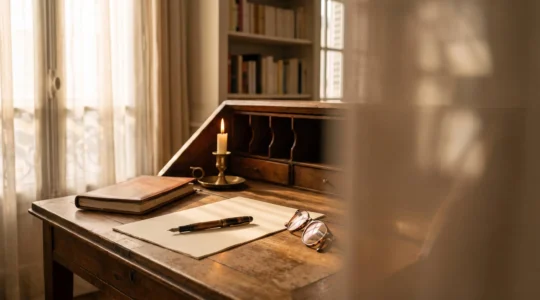 Bureau ancien à la française avec stylo plume posé sur du papier, ambiance feutrée évoquant la rédaction d'un testament olographe