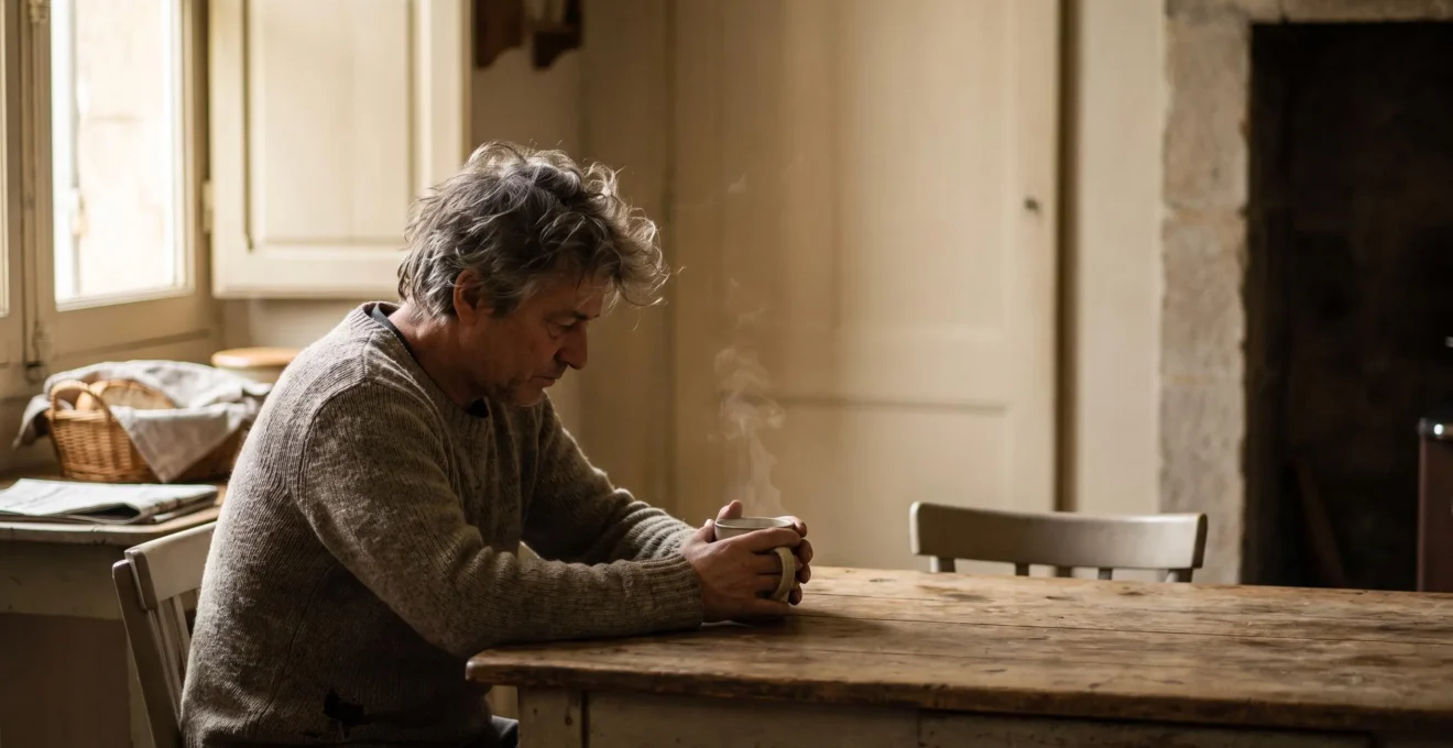 Une personne assise seule à sa table de cuisine française au petit matin, mains autour d'une tasse chaude, symbolisant le retour progressif au quotidien après un deuil brutal