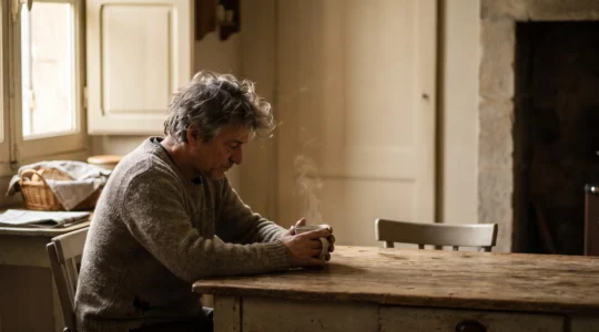 Une personne assise seule à sa table de cuisine française au petit matin, mains autour d'une tasse chaude, symbolisant le retour progressif au quotidien après un deuil brutal