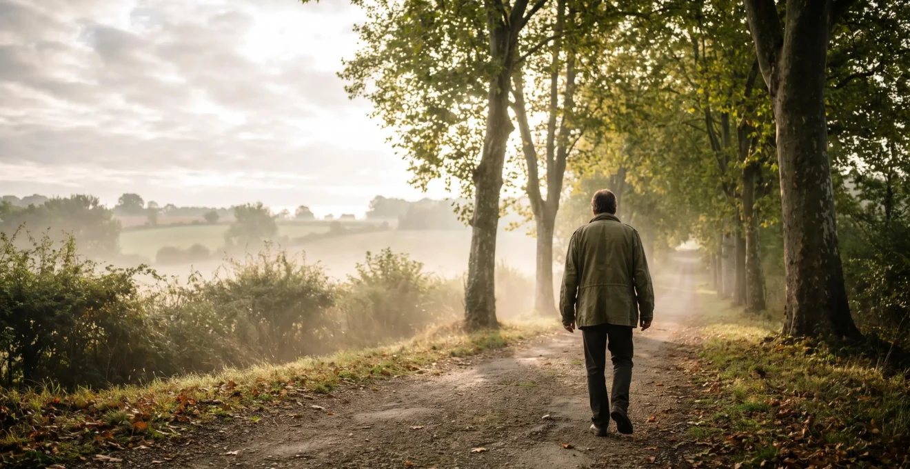 Une personne marchant seule sur un chemin de campagne francais au lever du jour, symbolisant la reconstruction du quotidien six mois apres un deuil.