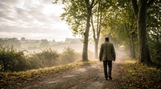 Une personne marchant seule sur un chemin de campagne francais au lever du jour, symbolisant la reconstruction du quotidien six mois apres un deuil.