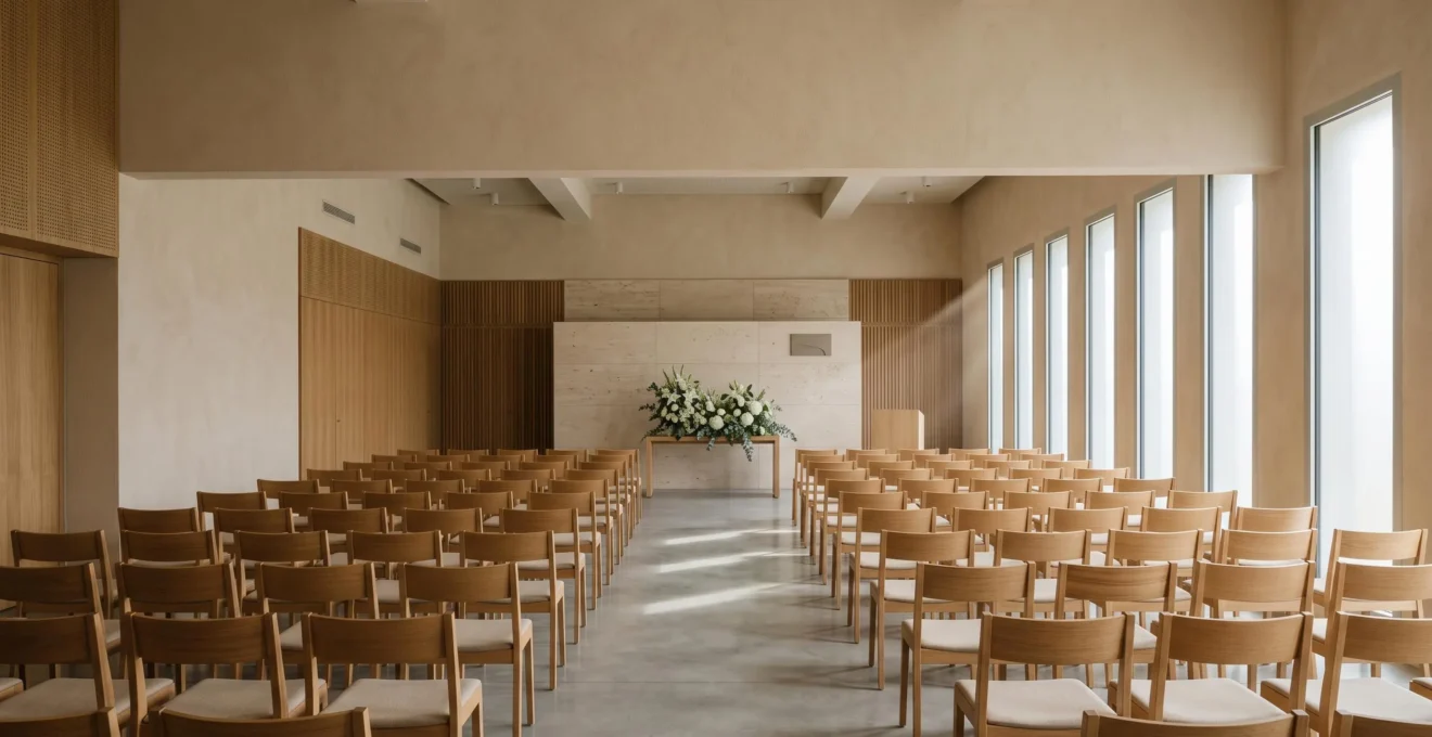 Salle de cérémonie sobre et lumineuse d'un crématorium français, symbolisant le temps compté d'un dernier hommage.