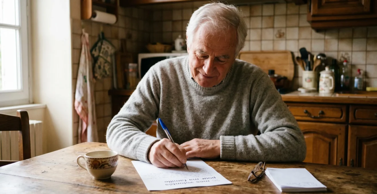 Senior français rédigeant avec attention ses volontés funéraires manuscrites à sa table de cuisine sous lumière naturelle