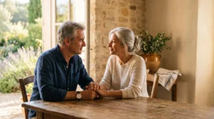 Couple de seniors francais partageant un moment paisible dans une maison de campagne, symbole de la prevoyance obseques anticipee