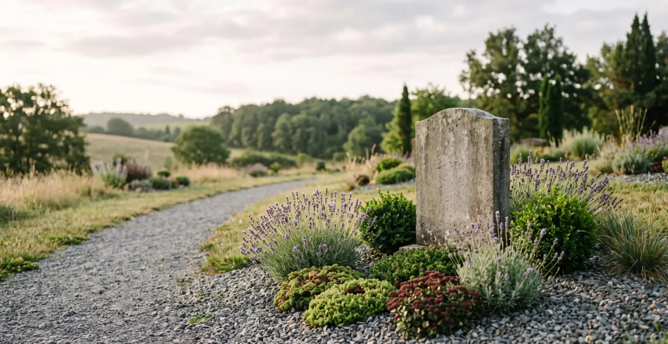 Pierre tombale en granit ornee de plantes vivaces resistantes a la secheresse dans un cimetiere francais traditionnel