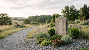 Pierre tombale en granit ornee de plantes vivaces resistantes a la secheresse dans un cimetiere francais traditionnel