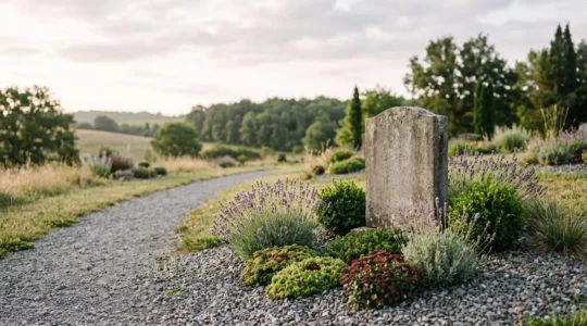 Pierre tombale en granit ornee de plantes vivaces resistantes a la secheresse dans un cimetiere francais traditionnel