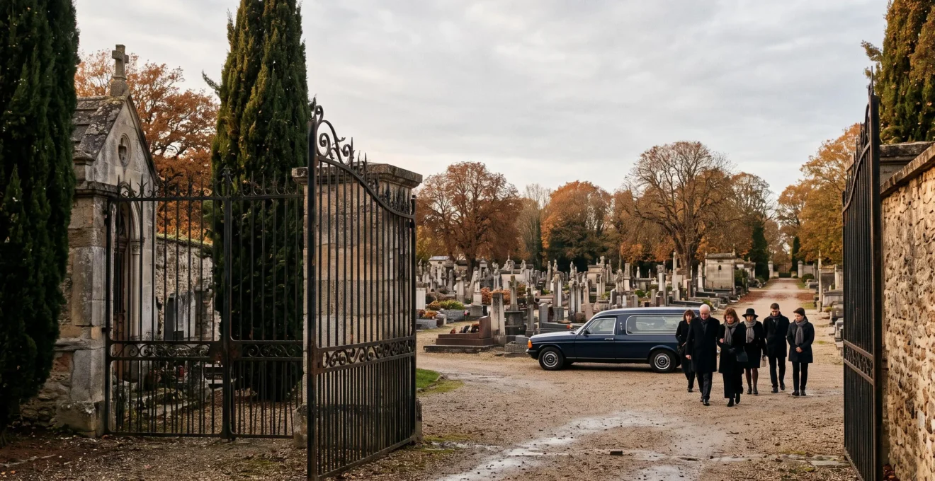 Cortège funéraire quittant une salle de cérémonie française pour rejoindre un cimetière communal, symbolisant la transition entre les deux temps des obsèques