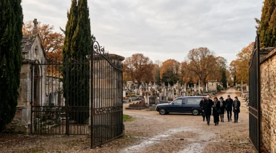 Cortège funéraire quittant une salle de cérémonie française pour rejoindre un cimetière communal, symbolisant la transition entre les deux temps des obsèques