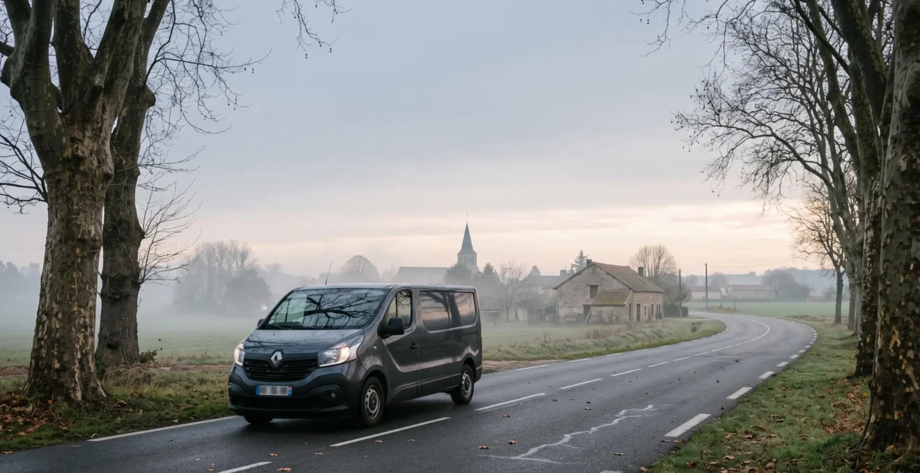 Corbillard funéraire circulant sereinement sur une route de campagne française au lever du jour, symbolisant le transport encadré du défunt vers le funérarium