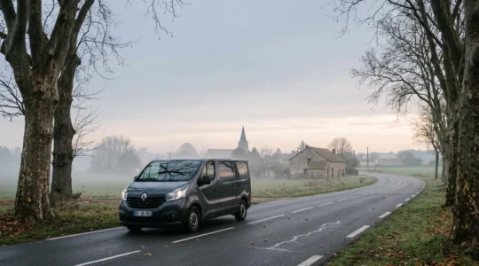 Corbillard funéraire circulant sereinement sur une route de campagne française au lever du jour, symbolisant le transport encadré du défunt vers le funérarium