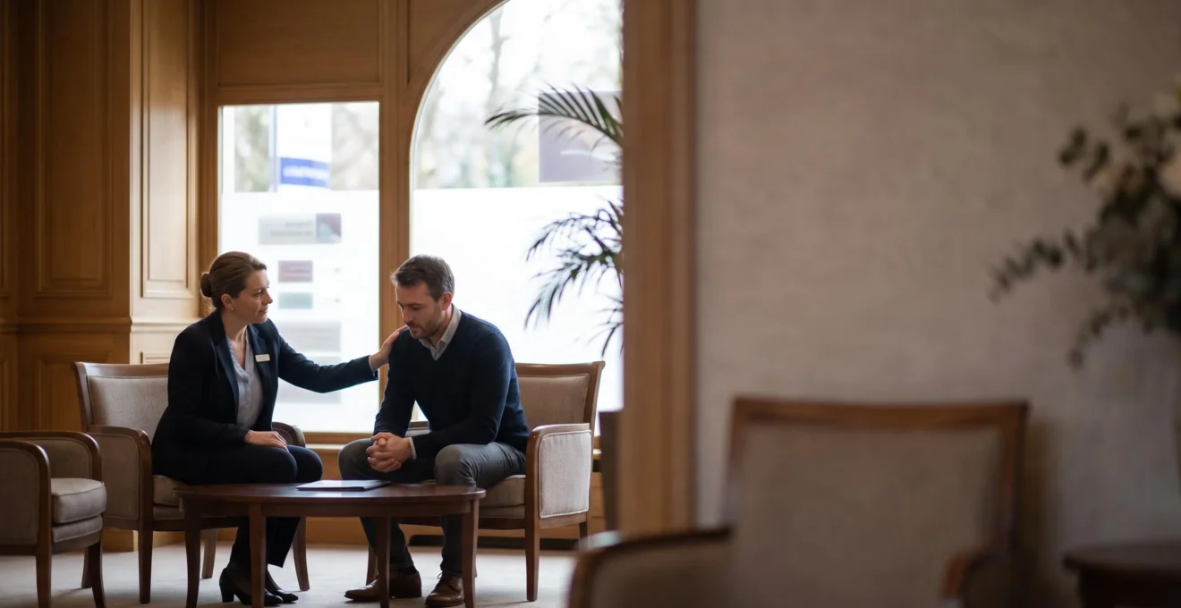 Conseiller funéraire accueillant une famille avec bienveillance dans une agence de pompes funèbres française, symbole de confiance et de transparence