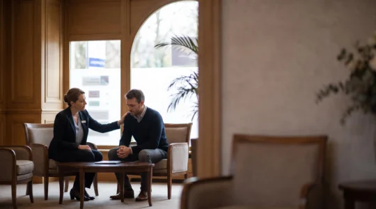 Conseiller funéraire accueillant une famille avec bienveillance dans une agence de pompes funèbres française, symbole de confiance et de transparence