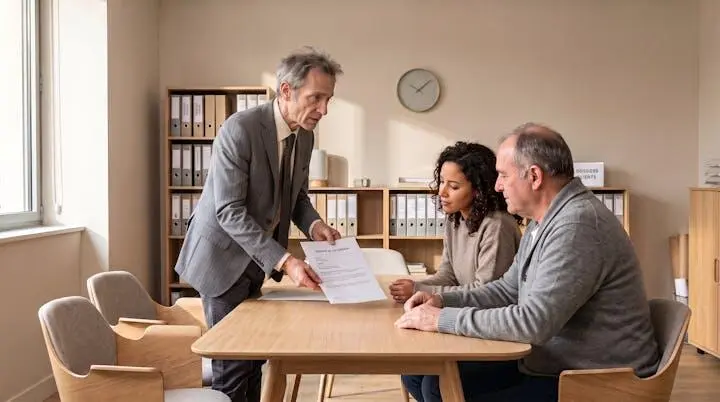 Réunion entre un notaire et deux héritiers dans un bureau français contemporain lors de la présentation du compte rendu de succession Réunion entre un notaire et deux héritiers dans un bureau français contemporain lors de la présentation du compte rendu de succession